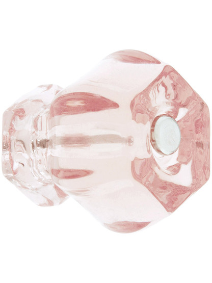Large Hexagonal Depression Pink Glass Cabinet Knob With Nickel Bolt.